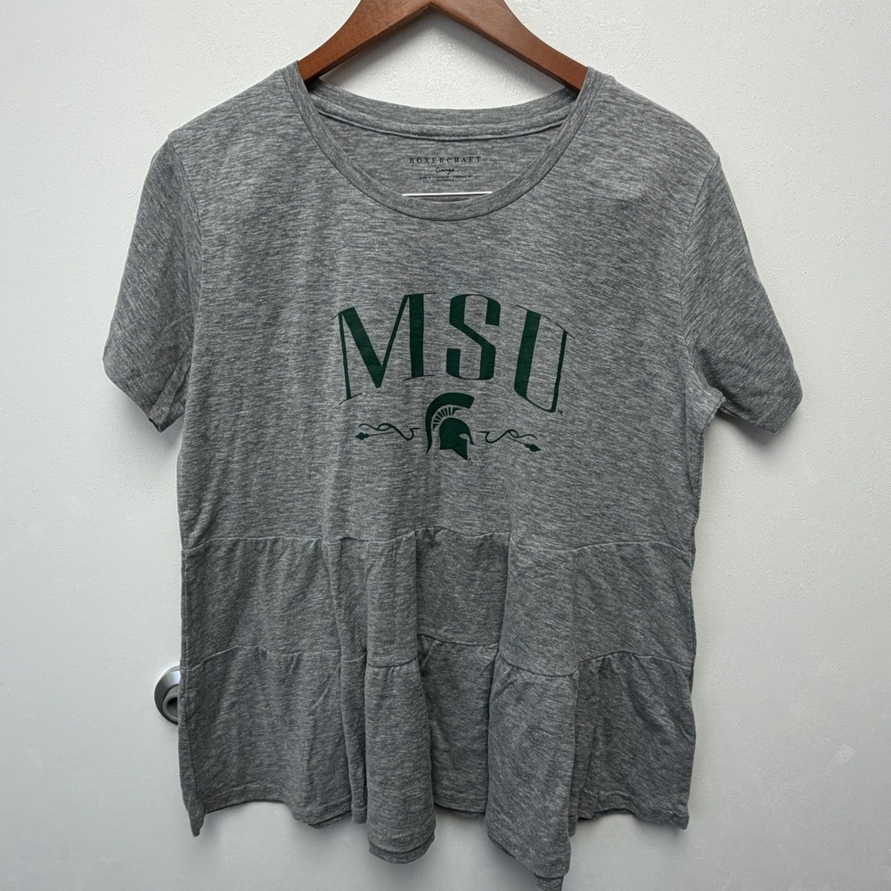 Women's MSU Michigan State Spartans Gray Short Sleeve Crew Neck T-Shirt Large